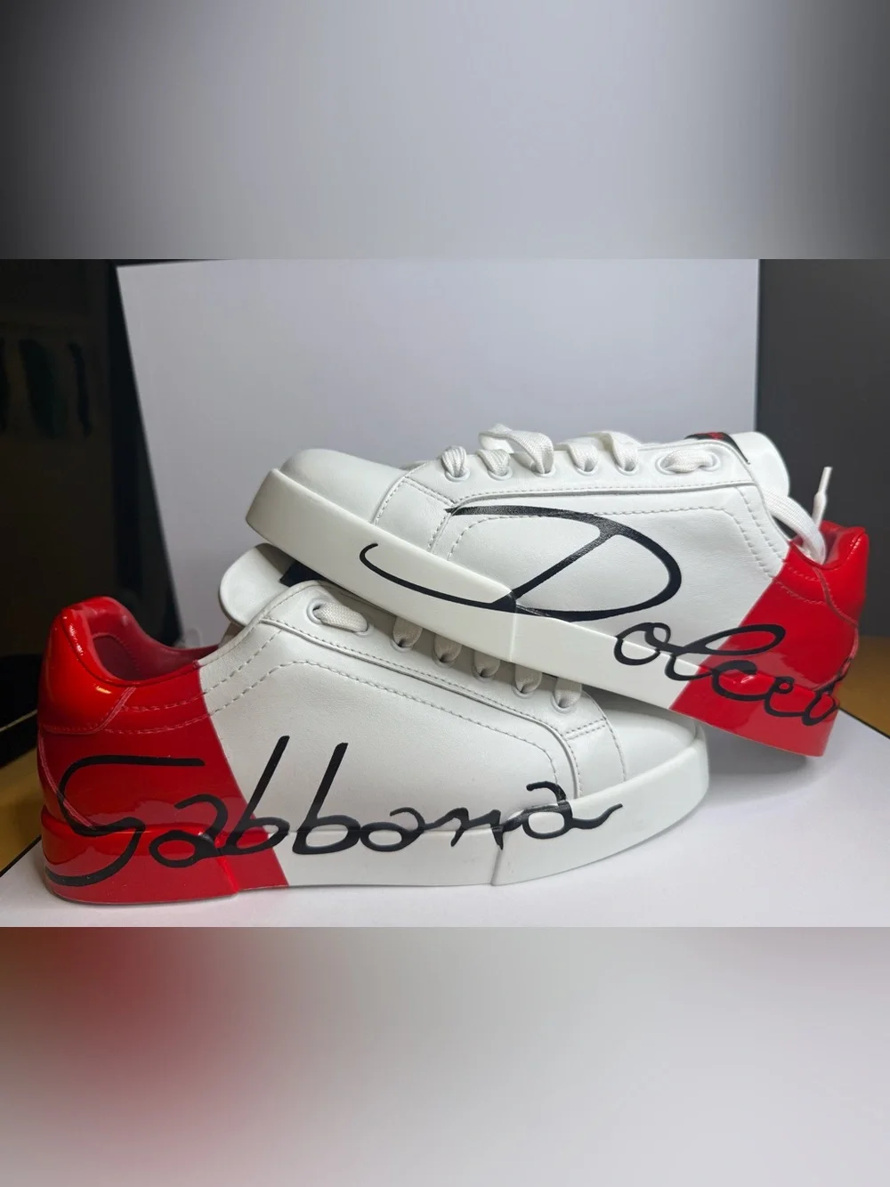 Dolce & Gabbana White Leather Sneakers with Black Script and Red patent Heel Tab